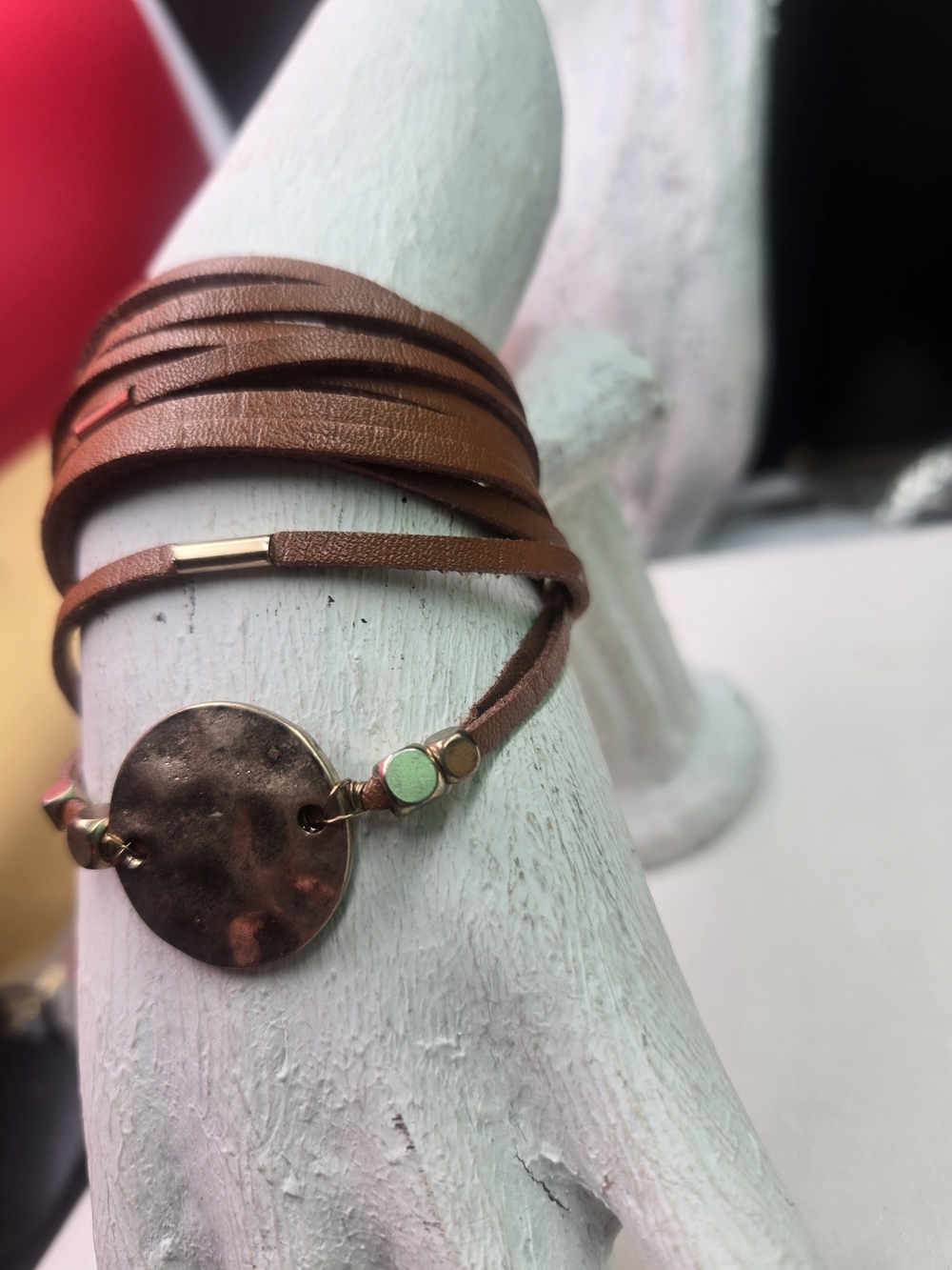 Leather Wrap Bracelet with Gold Disc Accent - Brown